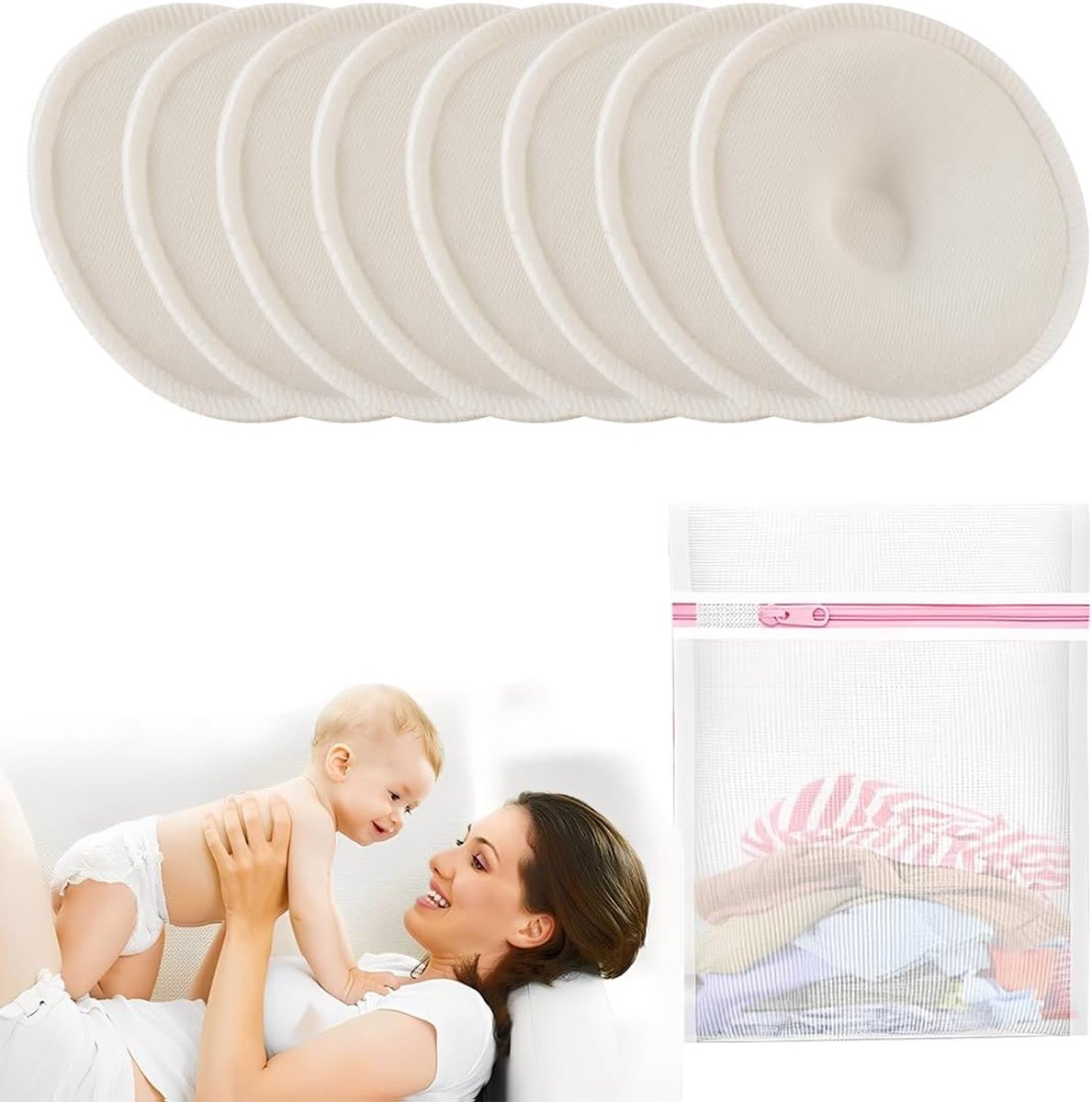 8 stuks herbruikbare borstkussentjes, 3D-contourdesign, hoge pasvorm, wasbare borstpads met wasnet, verpleegpads, super absorberend, natuurlijk, ademend, lekvrij