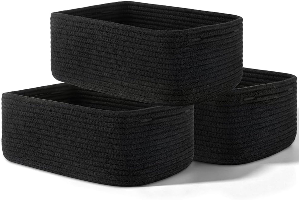 3 stuks opbergmanden, gevlochten mand, 30 x 20 x 11 cm, decoratieve mand van katoenen touw, plankmanden voor het organiseren, gevlochten mand met dubbele handgreep voor het opbergen van verschillende