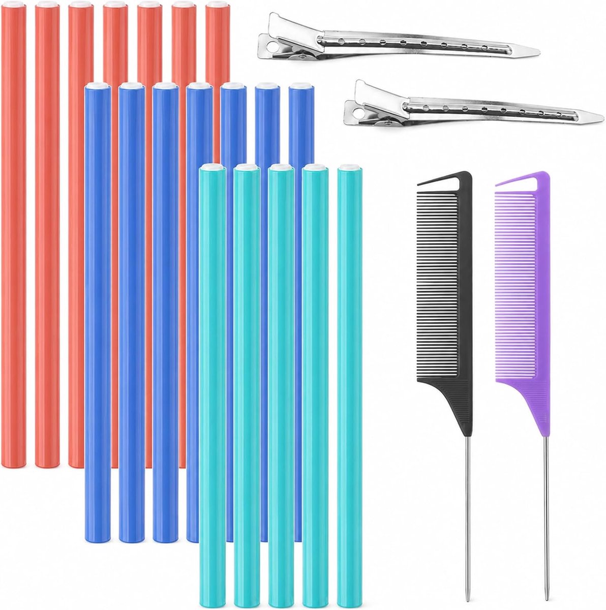 20 stuks haarrollers van gedraaide rubber (18 x 1 cm) flexibele krulspelden + 2 kammen + 2 stuks haarklauwen