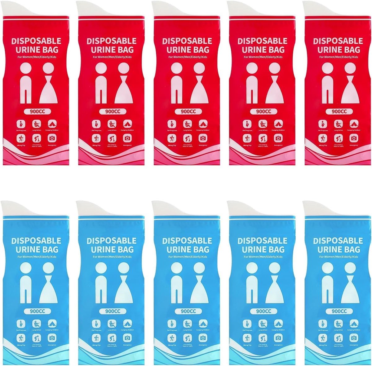 10 stuks outdoor urinezakken van 900 ml voor onderweg, tassen toilet, noodtoilet voor auto, noodtoiletten, plaszak, zaktoilet voor vrouwen, voor wandelen, auto, verstopping, reizen (blauw en