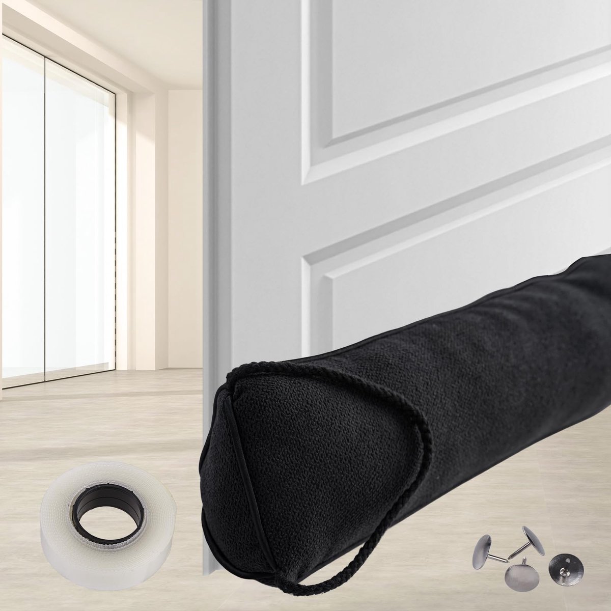 Famanu – Tochtstopper voor deuren, 82 cm zwaar deurafdichtingskoord van stof, geluidsisolerende tochtstopper en koudestopper voor huisdeuren, ramen en terrasdeuren, energiebesparend, warmtebescherming, zwart