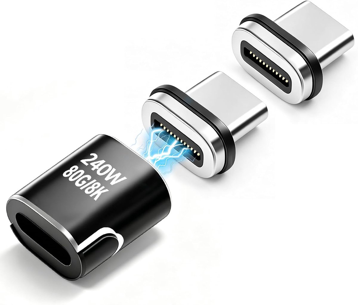 USB C Magneetadapter 240 W met 2 tips, 80 Gbps magnetische USB 4.0 type C adapter 1 stuk, Thunderbolt 5/4 compatibel, PD 3.1 8K @60Hz video voor MacBook Pro/Air, iPad Pro, Dell XPS, laptop (zwart)