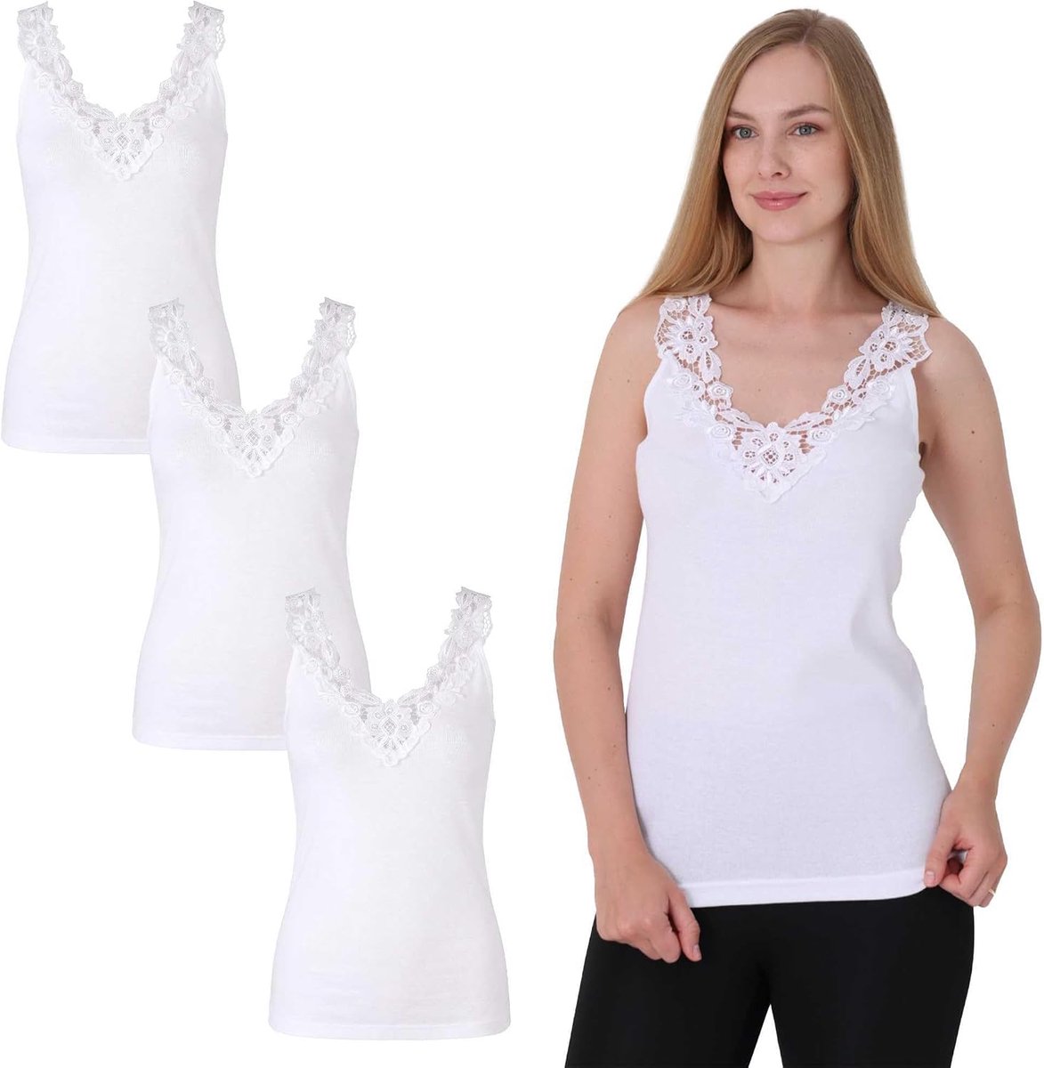Onderhemd voor dames, verpakking van 3 stuks, 100% katoen met kant, zacht ademend okselhemd, onderhemd met vrouwelijke halslijn, voor dagelijks gebruik, vrije tijd en homewear