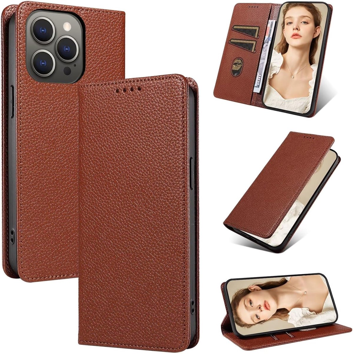 Hoes voor mobiele telefoon voor Xiaomi 14 Ultra, leren hoes met kaartenvak, premium kwaliteit lederen telefoonhoes, RFID-technologie, klapstandaard, geld en kaartsleuven, bruin
