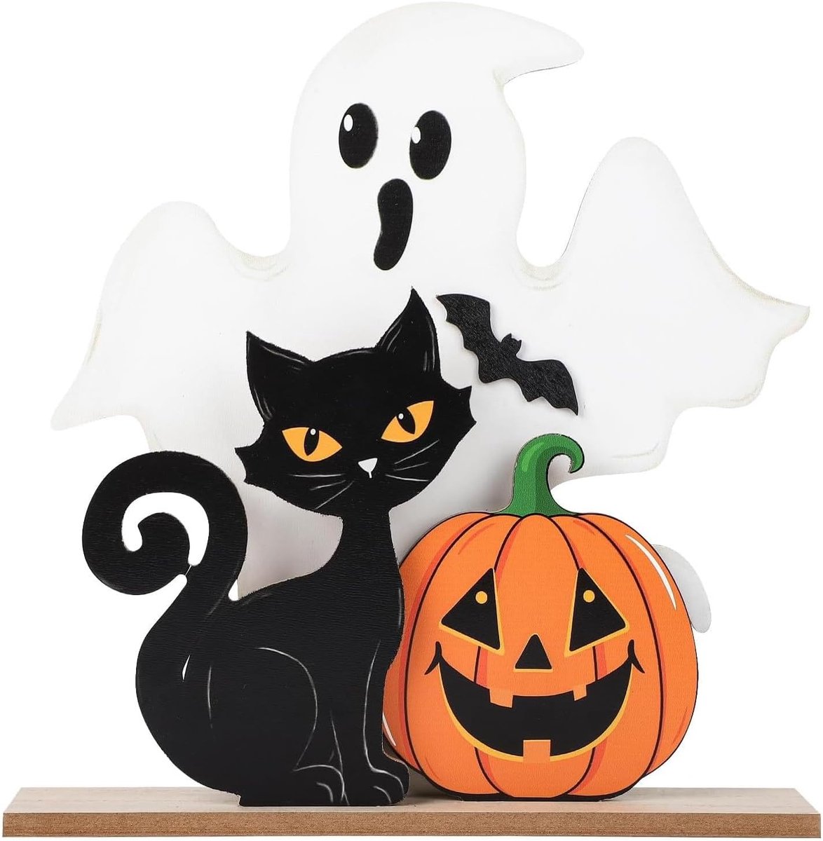 decoratieve geest houten tafeldecoratie met zwarte kat en pompoen, Halloween tafeldecoratie, vrijstaand voor woonkamer, raam, plank, Halloween decoratieve tafel, herfstdecoratie