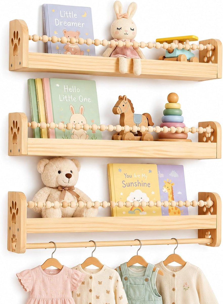 Boekenkast voor kinderen, wandrek, 40 cm, set van 3 houten zwevende planken voor kinderkamer, babykamer, decoratie, wandrek, Montessori kinderrek voor speelgoed, foto's en boeken