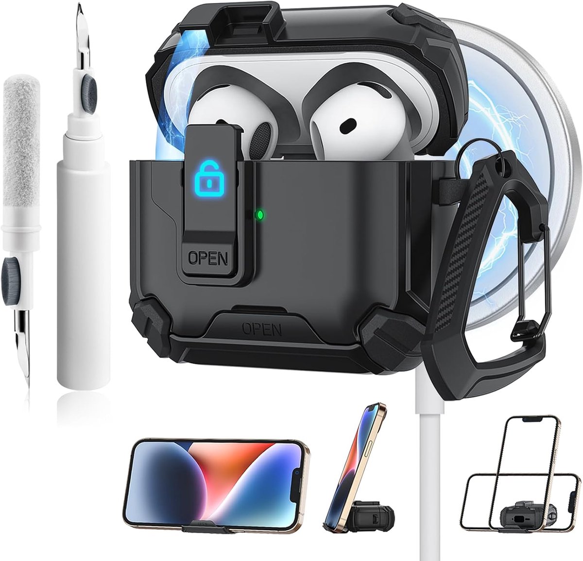 Beschermhoes voor AirPods 4e generatie, case cover met reinigingsset en sleutelhanger, stijve militaire beschermhoes met vergrendeling voor AirPods 4 (2024), zichtbare led (zwart)