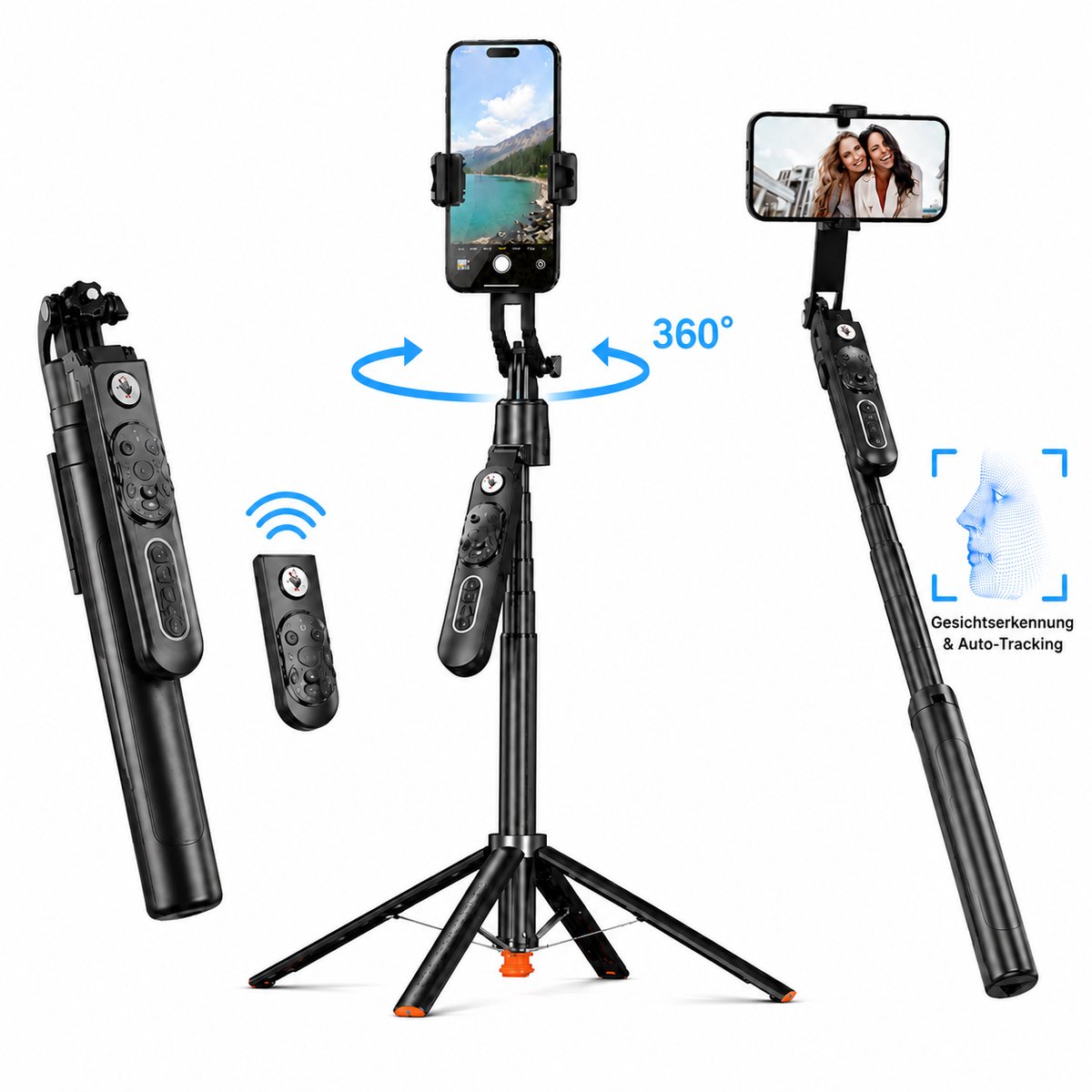 Selfiestick met 360° gezichtsvervolging - Bluetooth afstandsbediening - 183 cm telescoopstatief