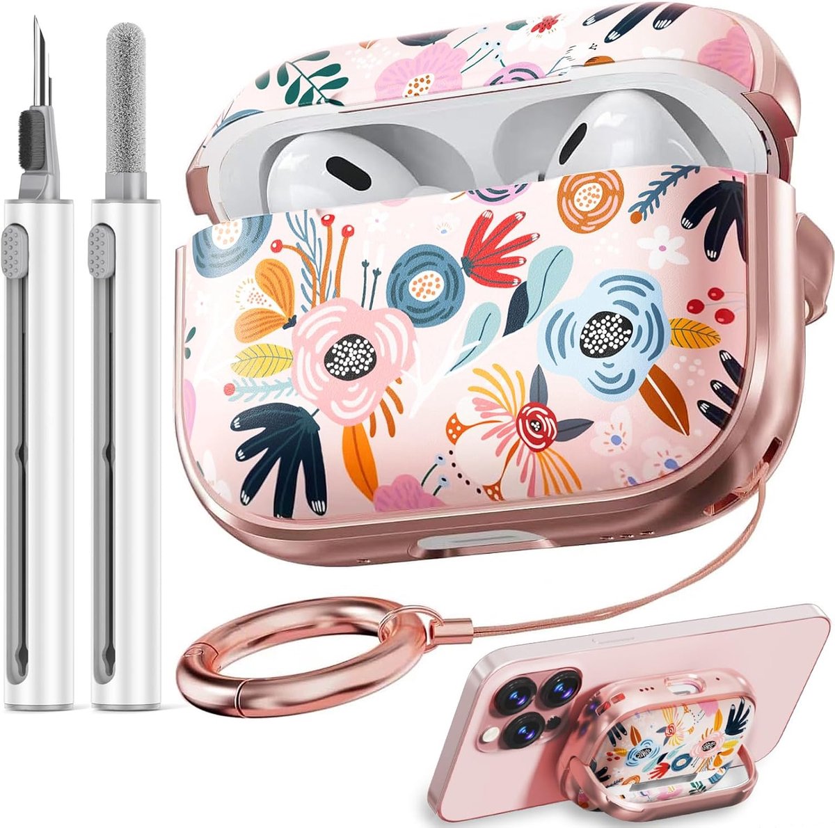 For AirPods Pro 2nd/1st Case (2023) with Lock-Pink Berry Flower