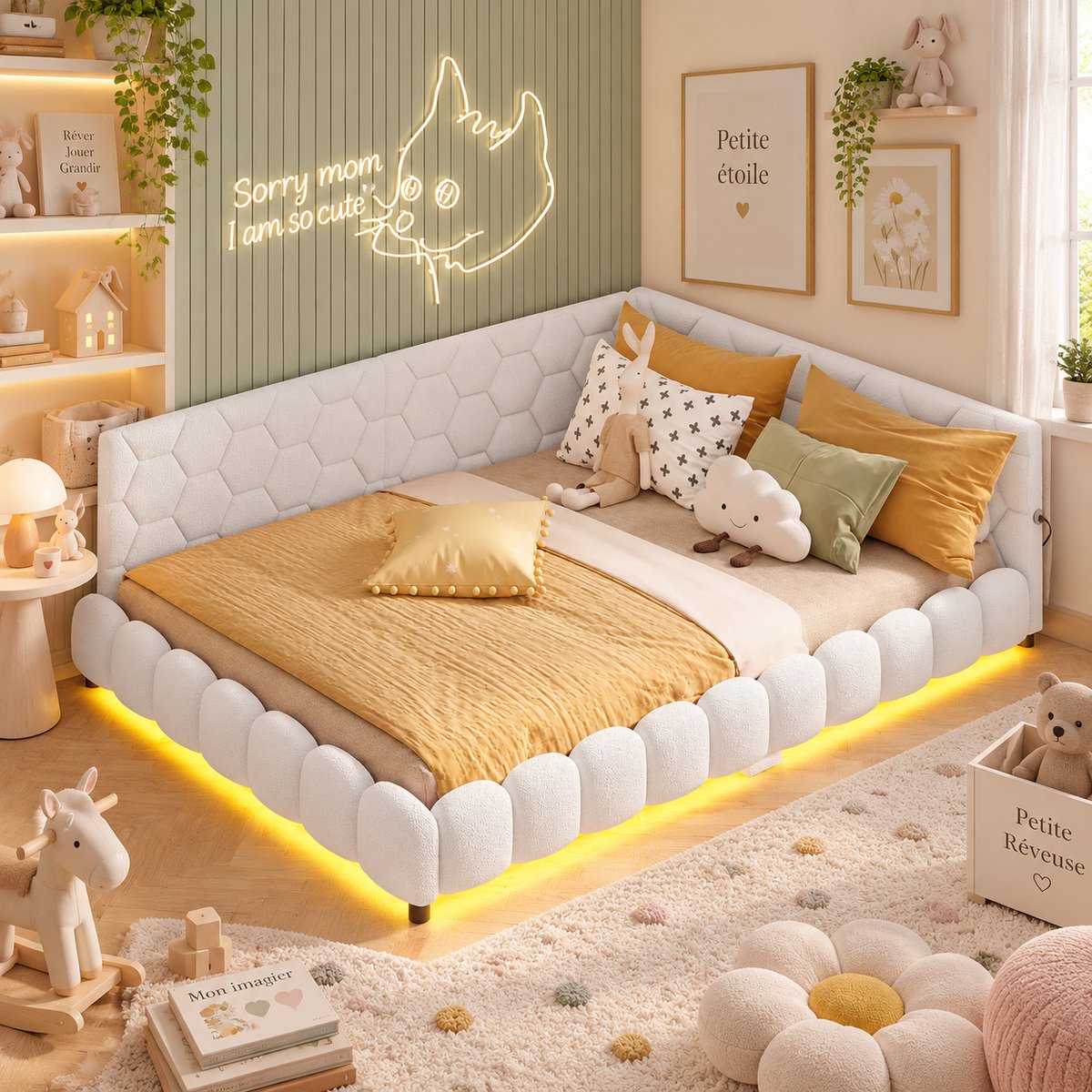 MEXUS Gestoffeerd tweepersoonsbed 140x200 cm, kinderbed voor meisjes met ledverlichting en USB-poort, gecapitonneerd bed 140x200 met lattenbodem, 2-zits slaapbank voor volwassenen, Teddy fleece(Wit)