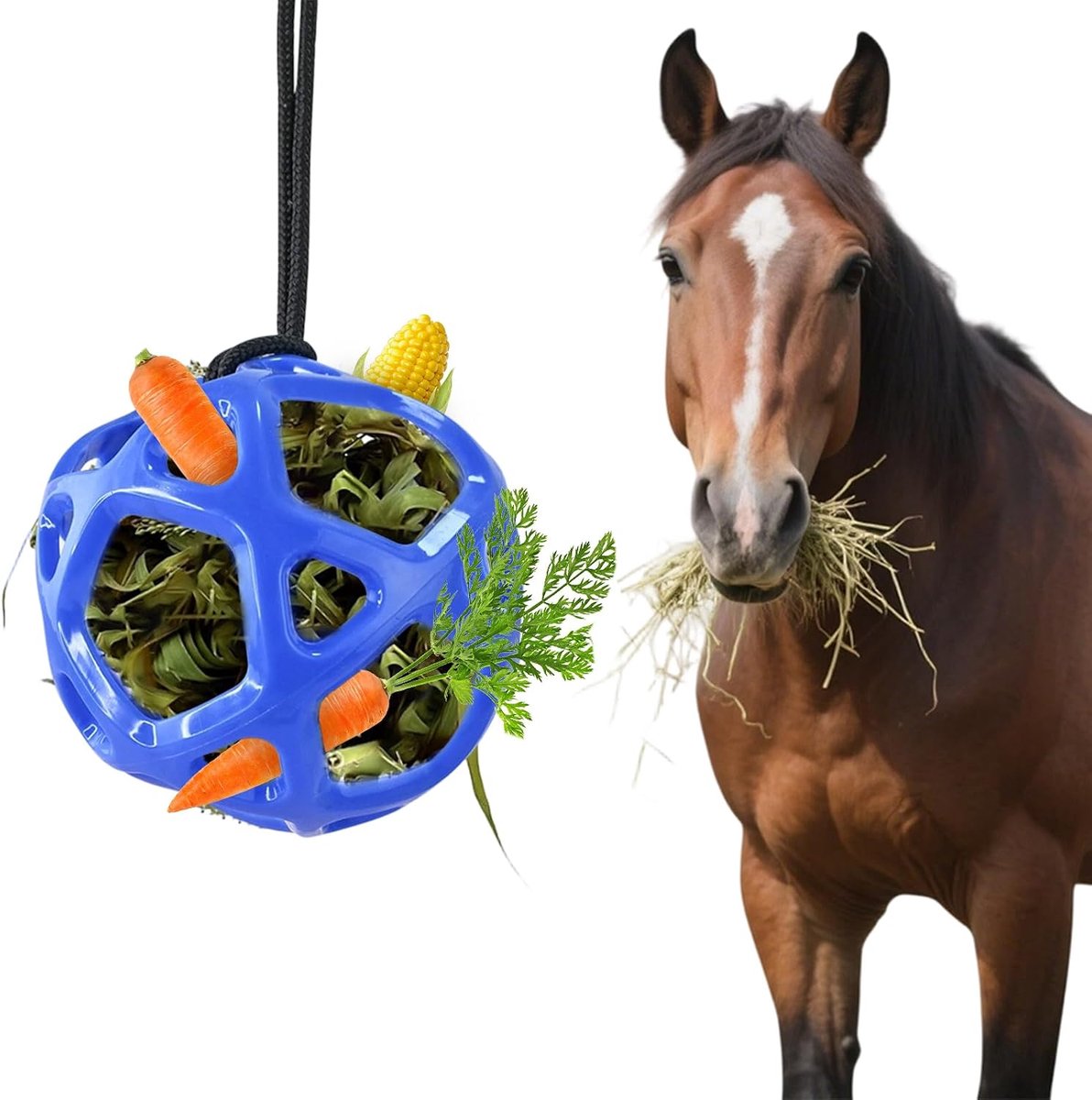 Paard hangend, diameter 28 cm, groot formaat, slijtvast, niet gemakkelijk vervormbaar, hangende hooi voor het voeden vertragen, stress verminderen, paarden en schapen en kan