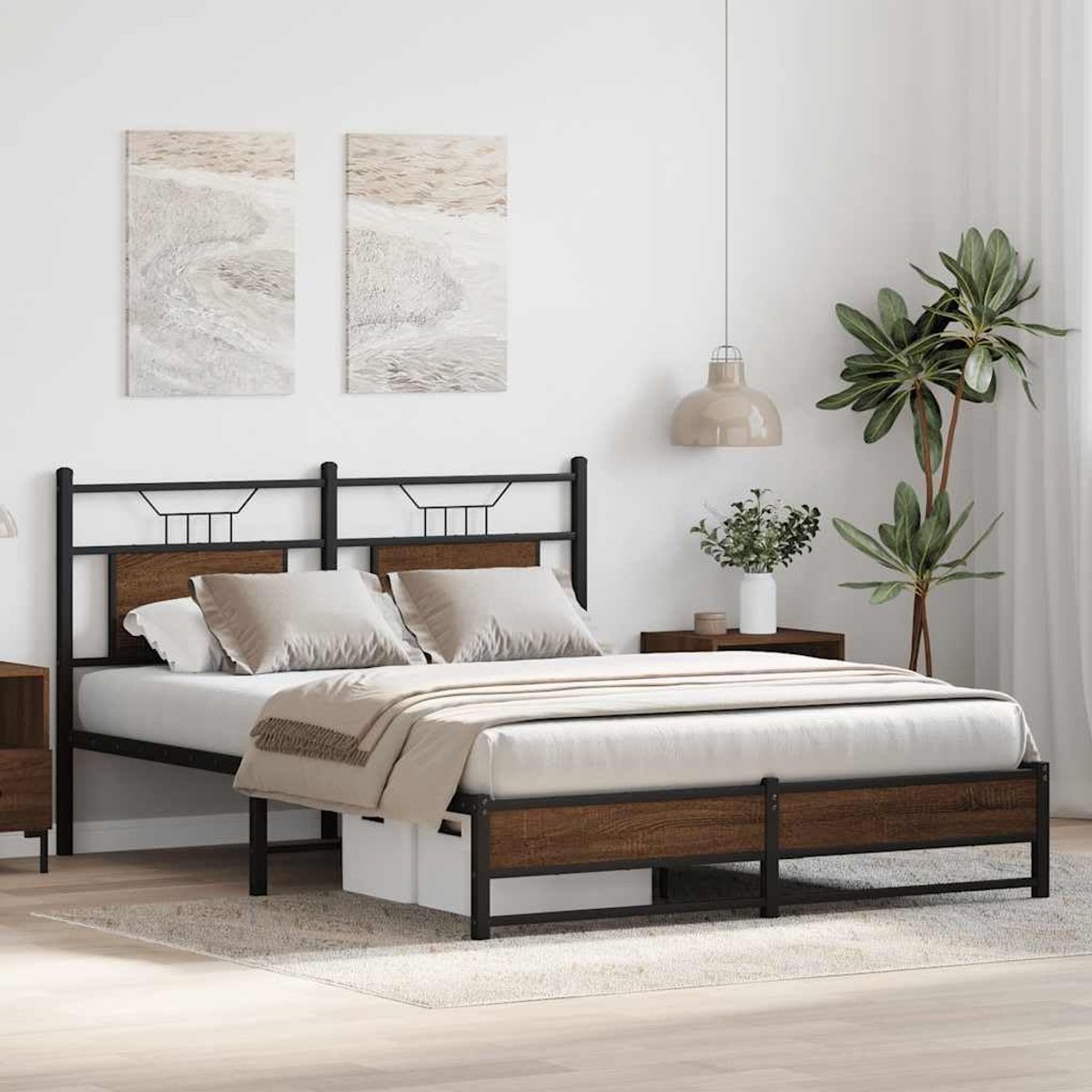 Zonder matras bruin eiken 140x190 cm houtmateriaal met hoofdeinde en lattenbodem voor optimaal slaapcomfort en opbergruimte