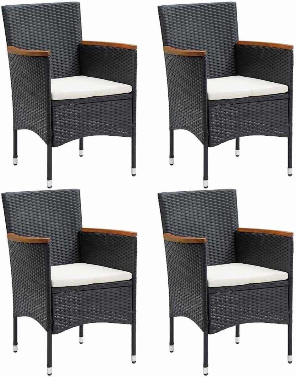Tuinstoel van polyrotan, zwart, stalen frame, ergonomische rugleuning en armleuningen van massief acaciahout, dikke kussens, max. 110 kg per zitting