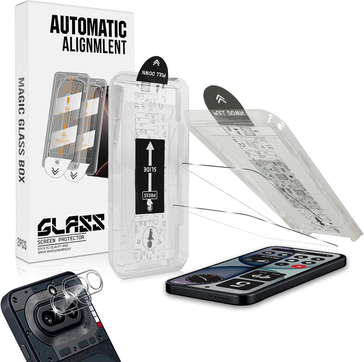 Displaybeschermfolie voor Nothing Phone 4a, 2 stuks, automatische installatie, gehard glas met 2 camerabeschermfolies, hardheid 9H, krasbestendig, zonder luchtbellen