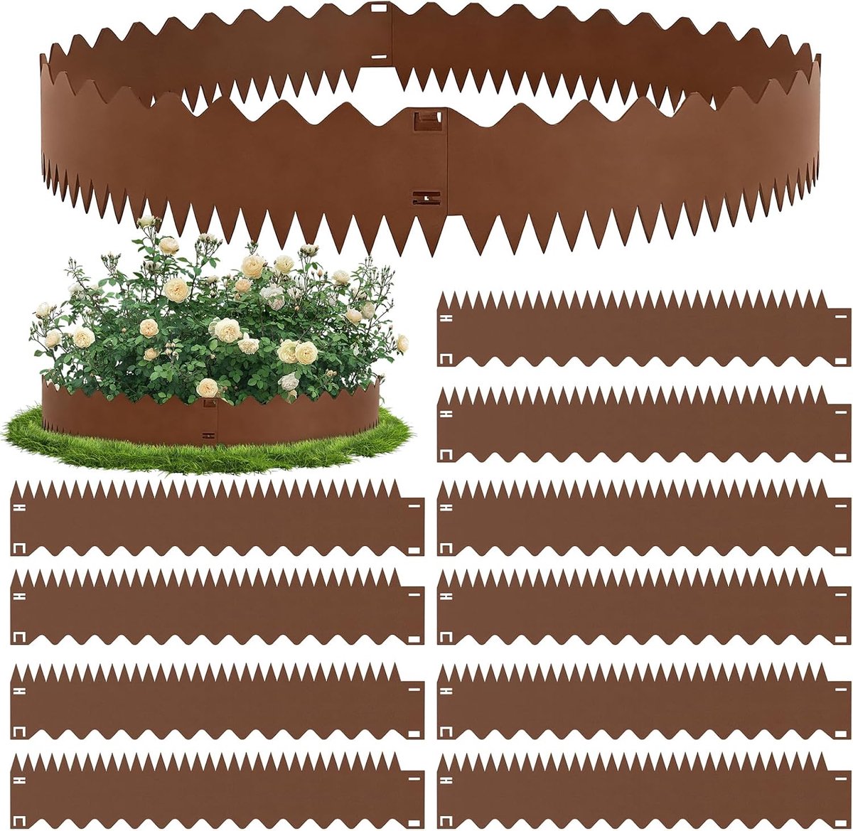 107,5 cm x 10 gazonrand, metaal, cortenstaal, flexibele bloembedomranding van staal, bloembegrenzing, lawn Edging, gazonranden voor bloembakranden, tuinrand, golf, bruin, 20 cm