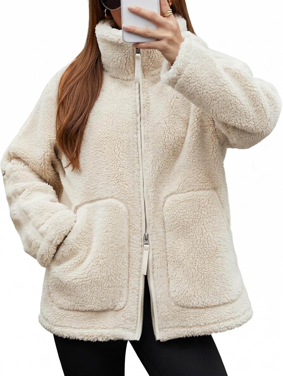 Teddy fleece damesjack met trechterhals en grote zakken