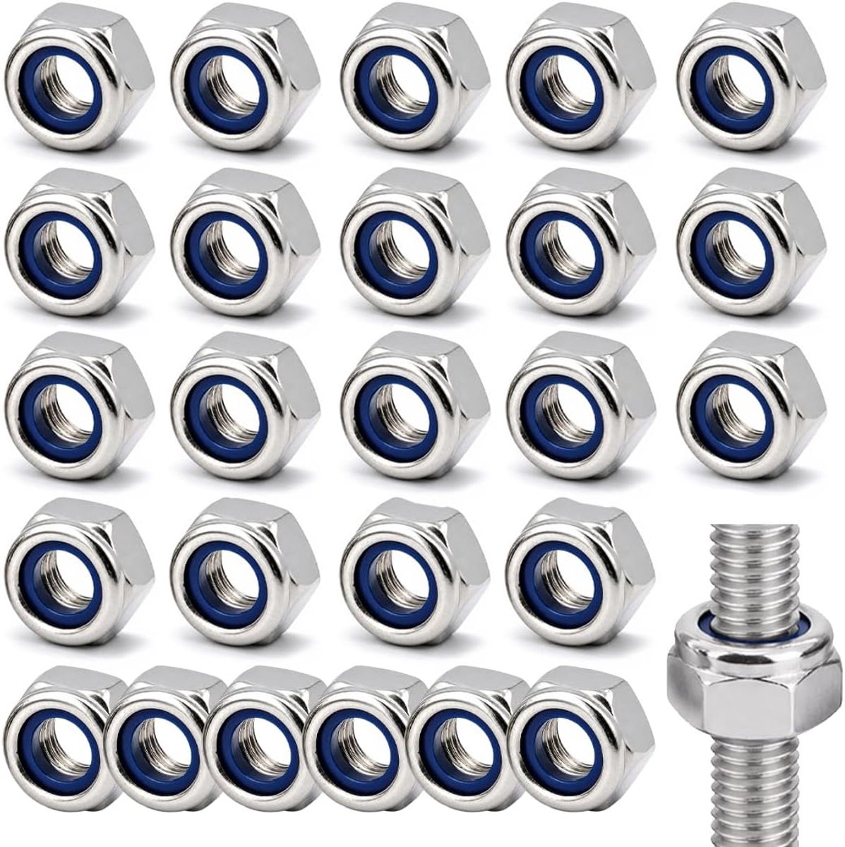 25 stuks zelfborgende moeren M6, roestvrij staal A2, zeskant, DIN985, zilver, schroeven M6