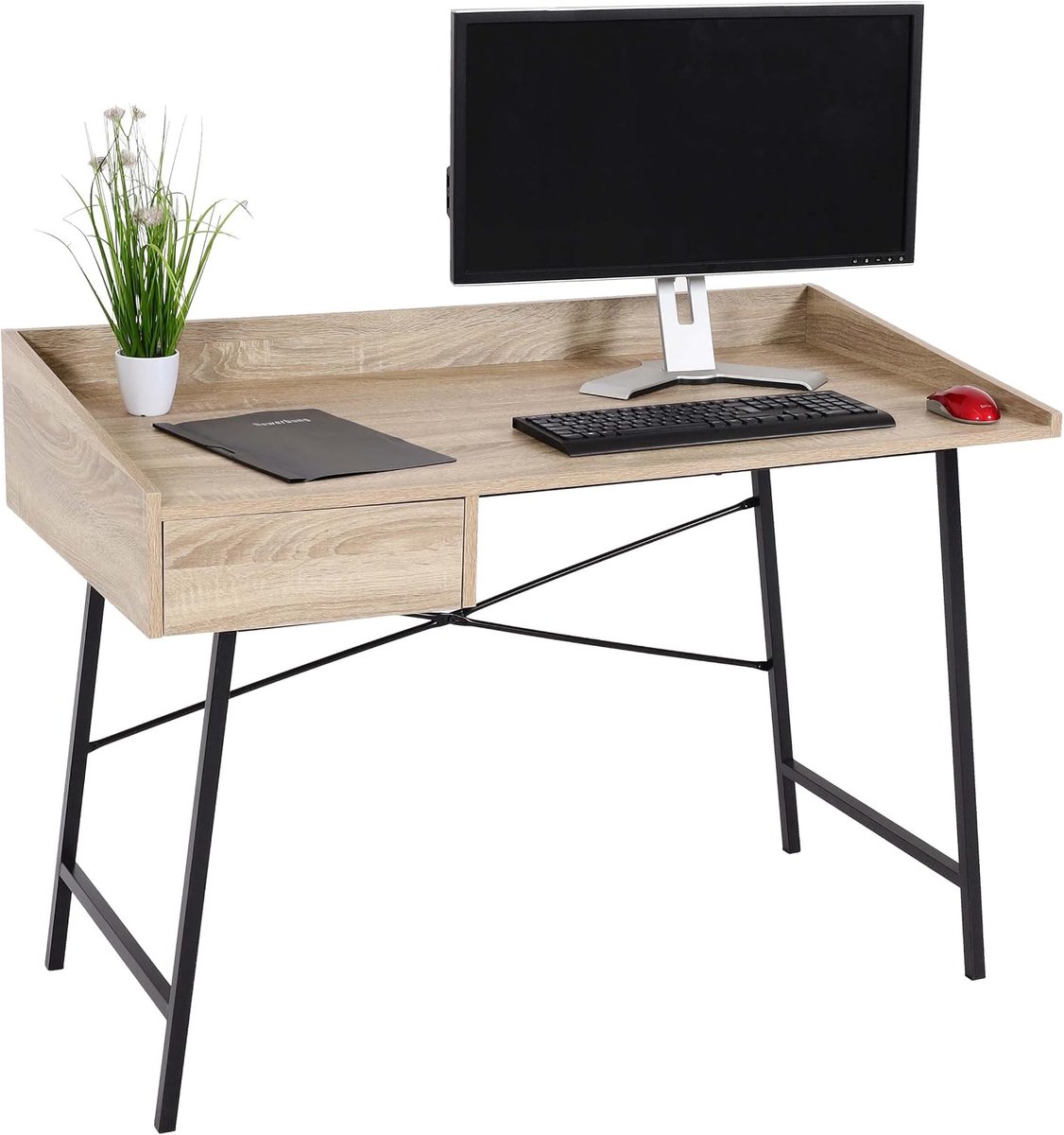 Schrijftafel HWC-J97, Kantoor Bureautafel Computertafel, Lade 3D-structuur 98x114x60cm FSC-gecertificeerd - Eiken Look Tafel