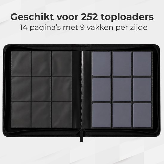 Zwarte toploader map voor 252 kaarten met 14 pagina's en 9 vakken per zijde.