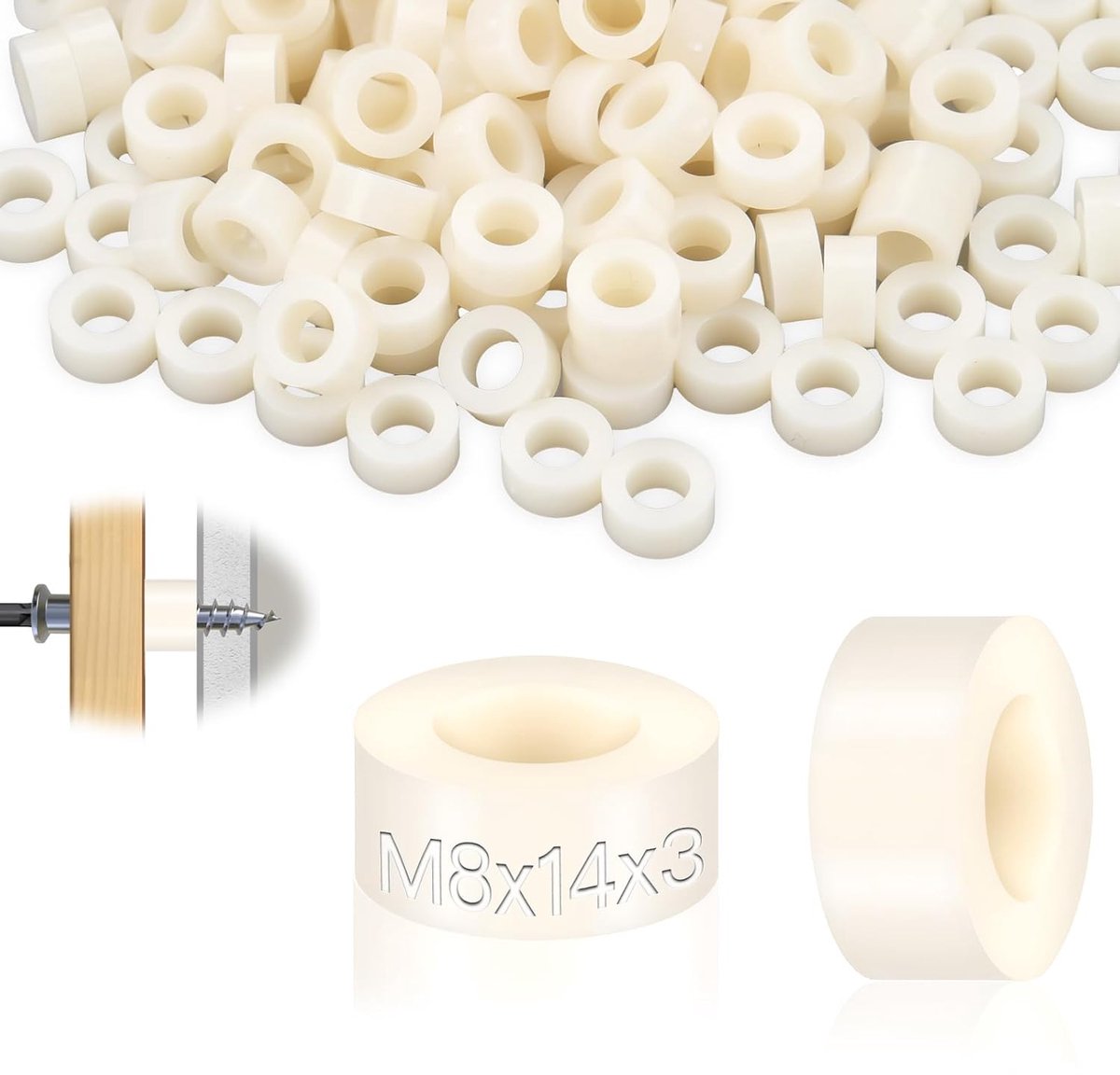 Afstandshulzen, kunststof, M8, ronde afstandhouders, 50 stuks, ABS, afstandhouders, nylon sluitringen, 14 x 3 mm, isolatie, sluitringen, wit, voor M8 afstandhouders, schroeven
