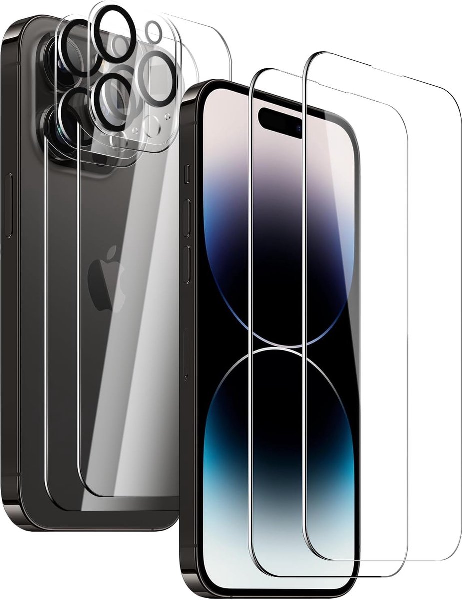 Glas Schermbeschermer Transparant voor iPhone 14 Pro Max, Set van 2 Schermfolie + 2 Lensbeschermers + 2 Achterfolie, Krasbestendig HD Helder
