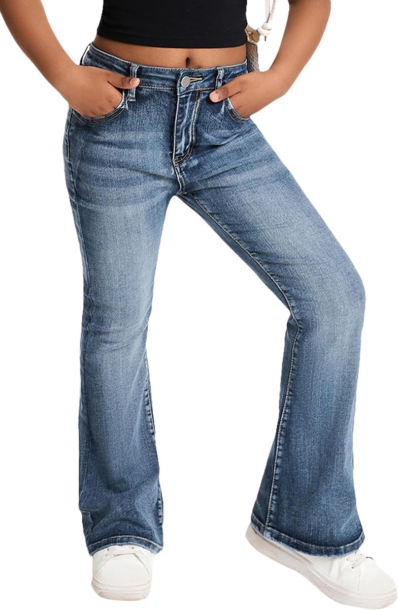 Jeans voor meisjes, retro fashion gescheurde denim broek slim, stretch flared vrijetijdsbroek met elastische tailleband en zakken, katoenmix, comfort, maat 130-160/7-14 jaar