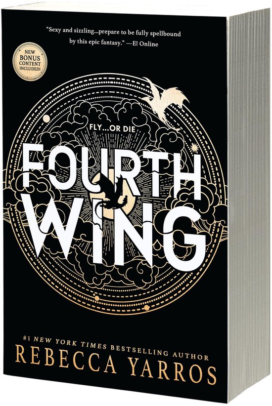 Zwarte boekomslag met gouden draken en sierlijke lijnen. "Fourth Wing" en "Fly...or Die" in grote witte letters. Met "New York Times Bestselling Author Rebecca Yarros".