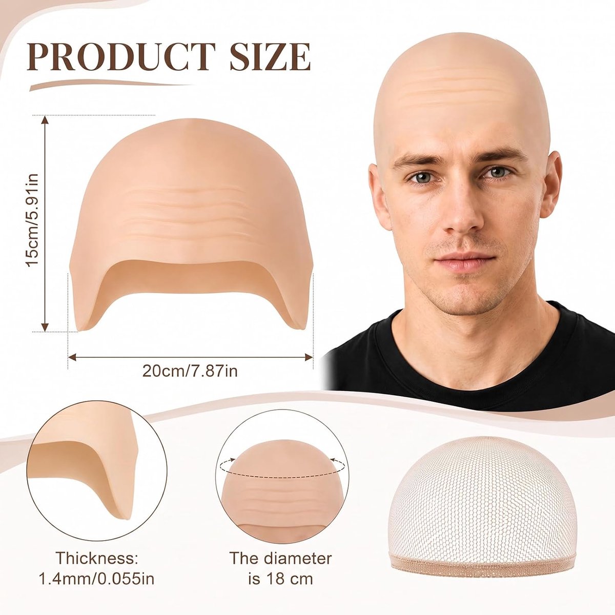2 stuks siliconen kale doppen met nylon pruikenkap, kale hoofdkap Halloween