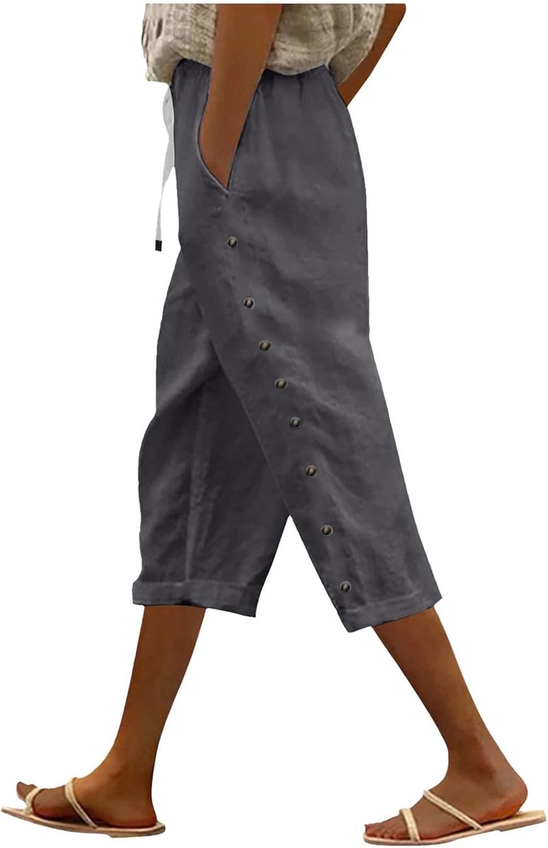 Zomerbroek voor dames, effen, elastische tailleband, los, knopen aan de zijkant, decoratie, capri, veelzijdig, casual