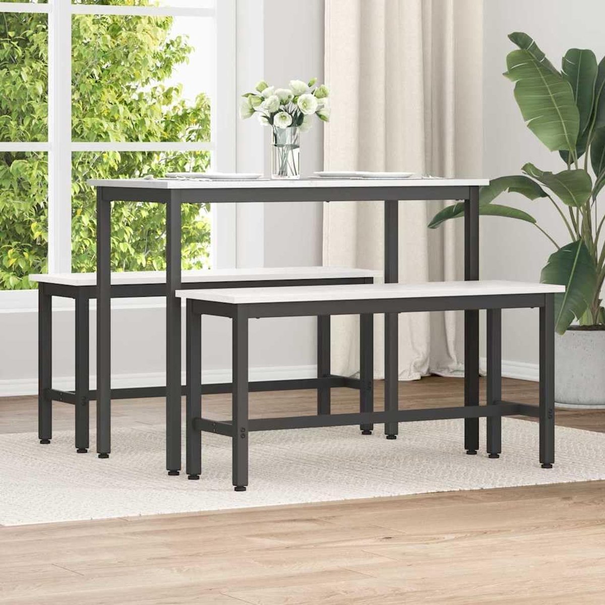 Set van 2 eetkamerbanken, 100 x 32,5 x 49 cm, zitbank van massief grenenhout met stalen frame, voor keuken, eetkamer