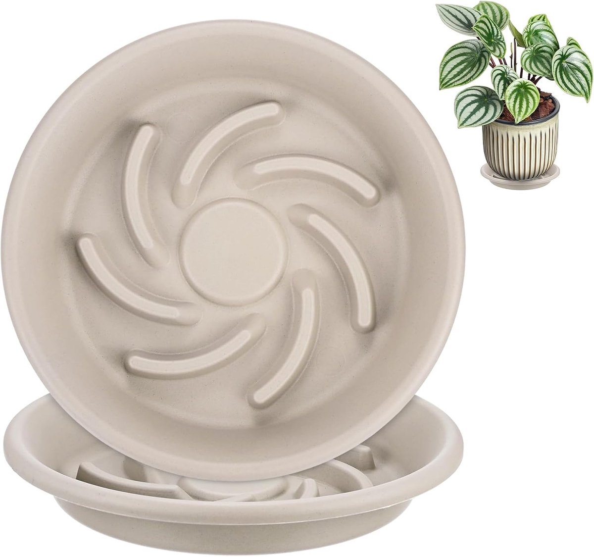 Schotels, 5,5 inch ID anti-rot wortel hars bloempot plantenschotels voor binnen/buiten, bloempot druppelbak [7,1 inch OD, grijs wit]