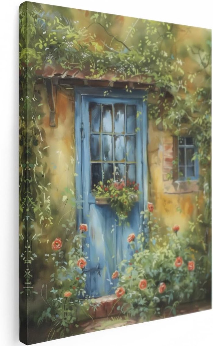 Canvas Schilderij Blauwe Deur - 60x80 cm - Wanddecoratie Landelijk - Muurdecoratie Bloemen - Decoratie Rozen - Schilderijen Op Canvas