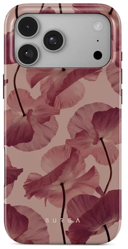 iPhone 14 Pro Max hoesje met een roze achtergrond bedekt met rode en roze bloemblaadjes. Het Burga logo is zichtbaar.