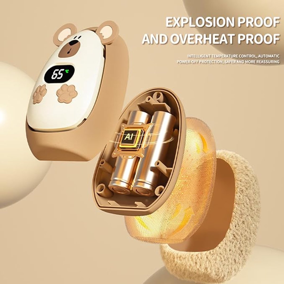 Oplaadbare Handwarmers - Elektrische Handwarmers - Pluche Handwarmers - met Digitaal Display - Herbruikbare - Draagbare - Veilig & Lang Warm - Perfect cadeau - bruin — cadeau in Gadgets - foto 4