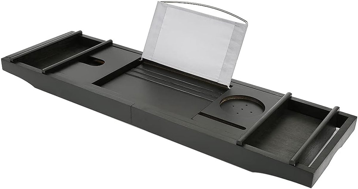 bamboe badhouder inschuifbaar en verstelbaar (met handdoekdoos) 70-105 cm x 23 x 3 cm | gebruikt voor badkameropslag (zwart)