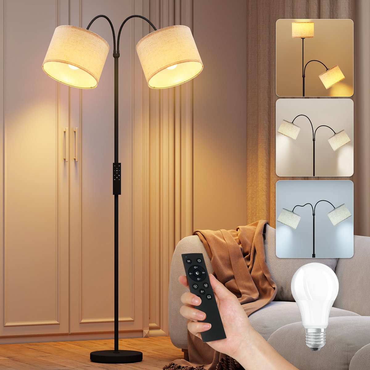 Puluomis Staande Vloerlamp - mit 2 Verstelbare Lampenkappen - Afstandsbediening