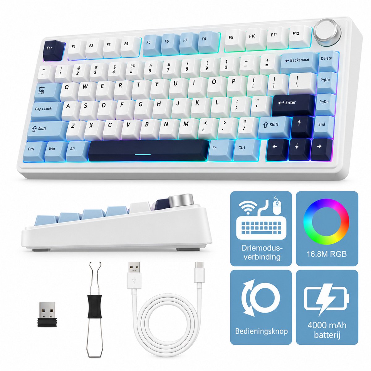 AULA F75- Mechanisch Draadloos Toetsenbord Gaming- RGB - 75% Qwerty - Gaming Keyboard - Reaper Switch - Licht Blauw