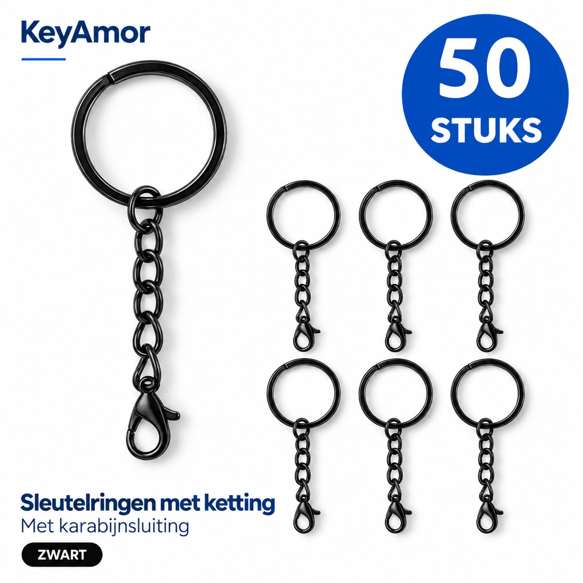 50 Stuks Sleutelringen met Ketting en Karabijnsluiting - Opener Tang, DIY Ring - Karabijnhaak Sleutelhanger Hobby set - 25mm Sleutel Ringen - Mini Musketonhaak Keyrings Splitring - Keychain & Sleutellabels Zelf Maken - Zwart