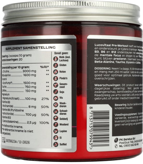 Pot met "SUPPLEMENT SAMENSTELLING" in wit. Bevat "Lucovitaal Pre-Workout Tropisch Fruit".