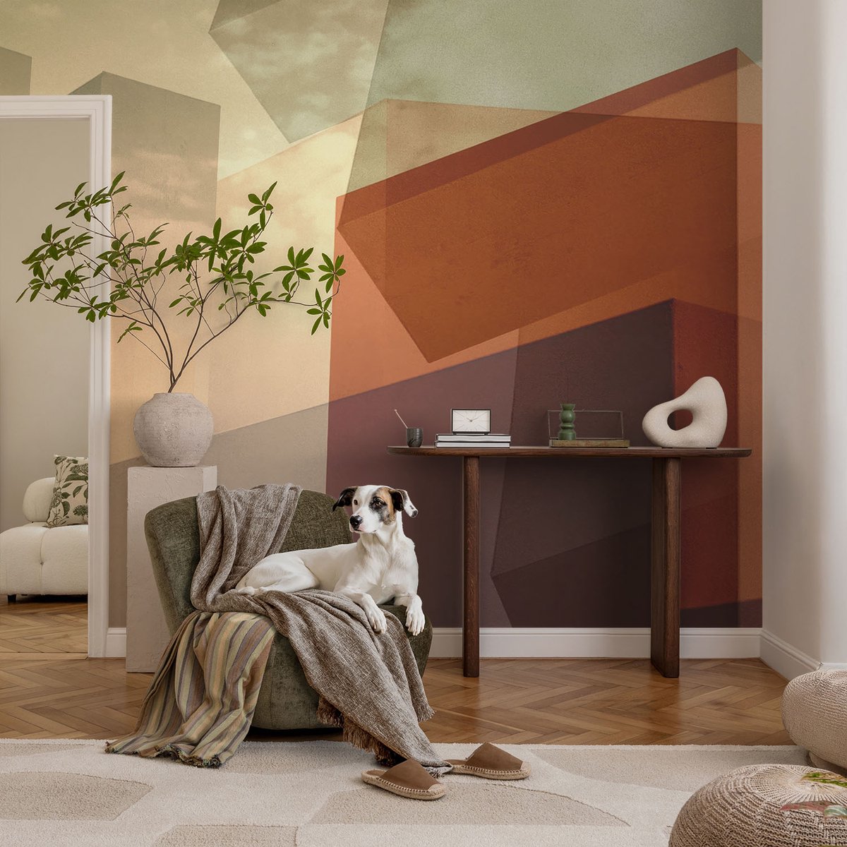 Coloray Vliesbehang - Bruin Snellijm Behang - 104x70 cm - Abstracte Vormen Muurschildering - Slaapkamer behang Architectuur - Fotobehang Vlies - Gang behang