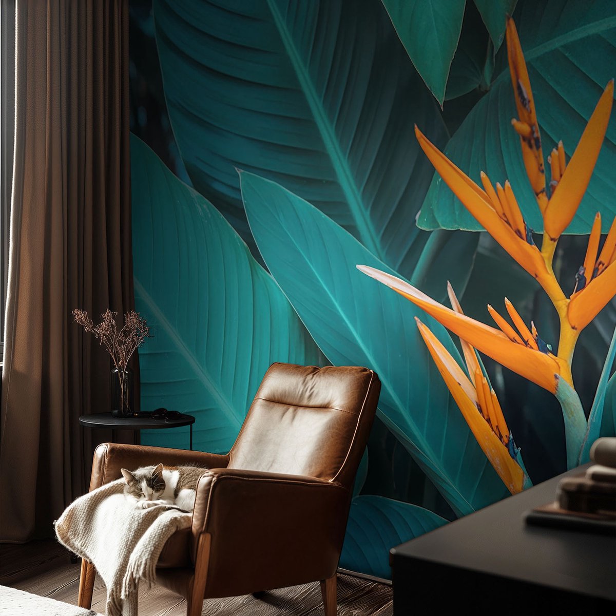 Coloray Vliesbehang - Oranje Snellijm Behang - 104x70 cm - Bladrijke Bloemen Fotobehang Vlies - Hal behang Bloemen En Planten - Muurschildering - Woonkamer behang