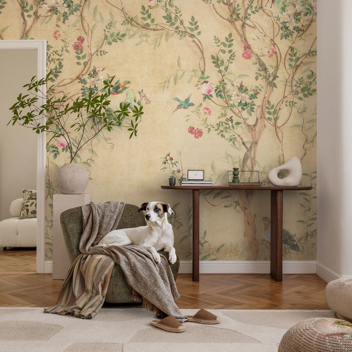 Coloray Vliesbehang - Beige Snellijm Behang - 104x70 cm - Bloemaccenten Muurschildering - Slaapkamer behang Bloemen En Planten - Fotobehang Vlies - Gang behang