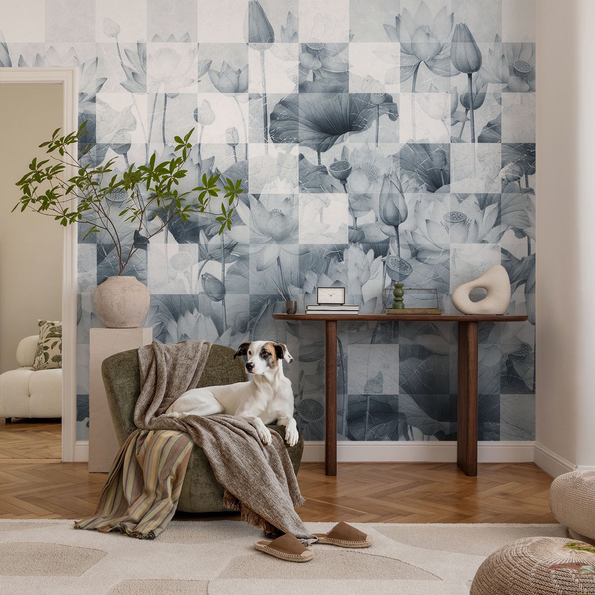 Coloray Vliesbehang - Blauw Snellijm Behang - 104x70 cm - Lotusbloemen Muurschildering - Slaapkamer behang Texturen - Fotobehang Vlies - Slaapkamer behang