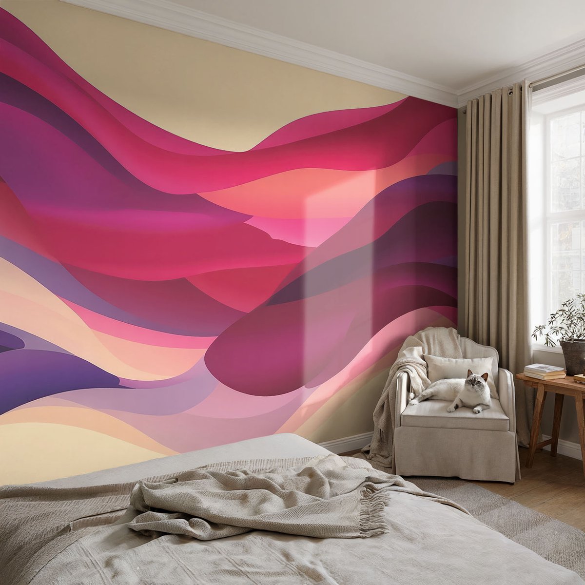 Coloray Vliesbehang - Roze Snellijm Behang - 104x70 cm - Vloeibare Golven Fotobehang Vlies - Hal behang Abstractie - Muurschildering - Woonkamer behang