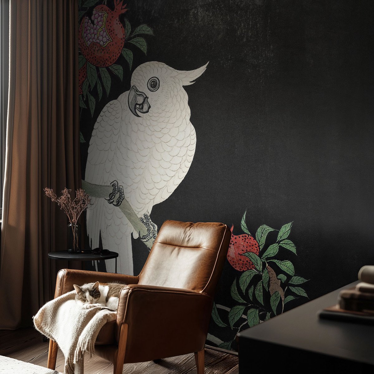 Coloray Vliesbehang - Zwart Snellijm Behang - 104x70 cm - Granaatappelpapegaai Muurschildering - Slaapkamer behang Dieren - Fotobehang Vlies - Slaapkamer behang
