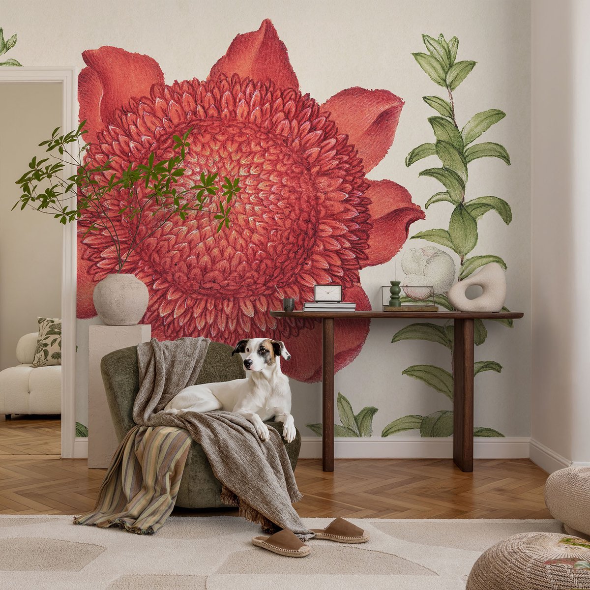 Coloray Vliesbehang - Rood Snellijm Behang - 104x70 cm - Bloemige Elegantie Fotobehang Vlies - Woonkamer behang Bloemen En Planten - Muurschildering - Hal behang