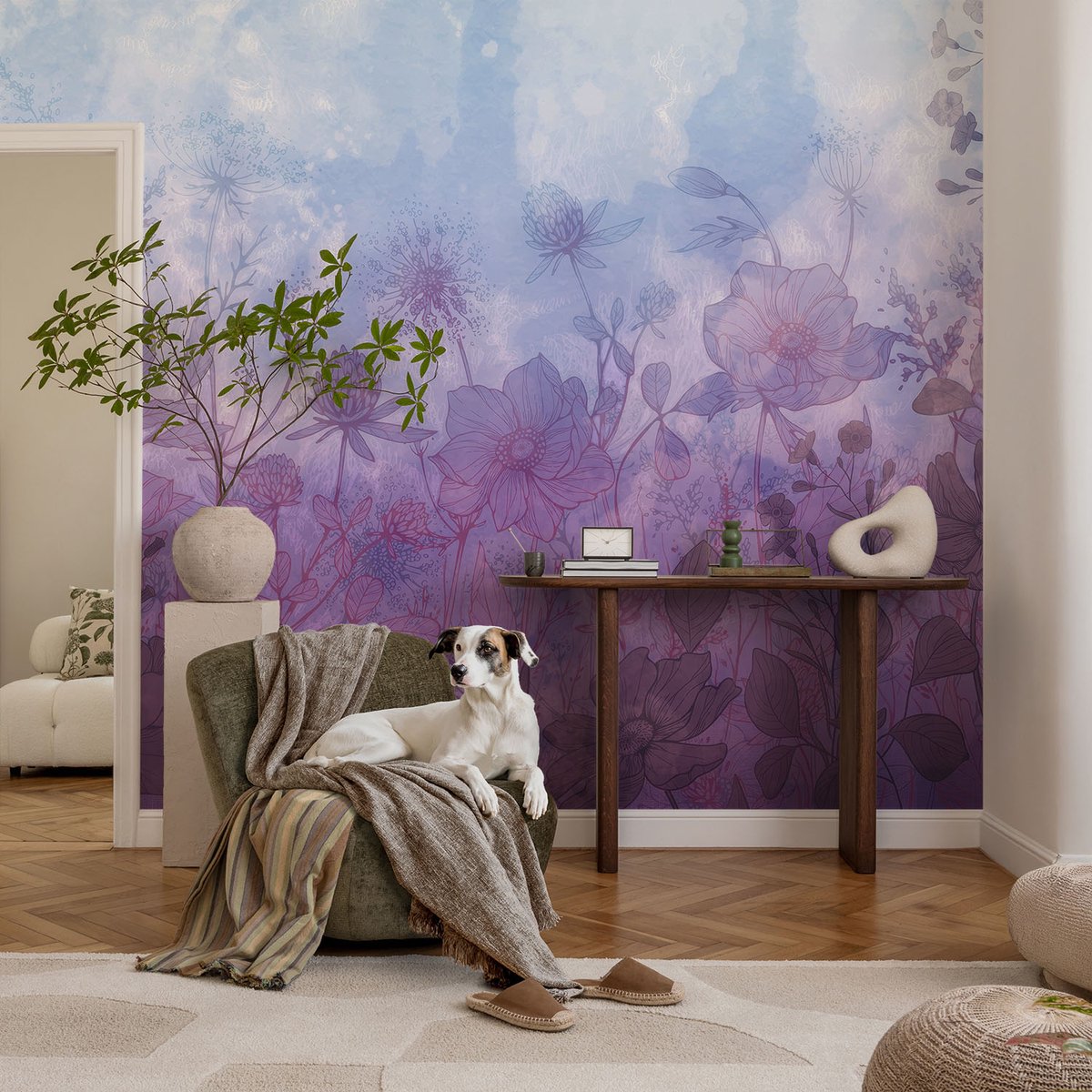 Coloray Vliesbehang - Blauw Snellijm Behang - 104x70 cm - Pastelkleurige Bloemen Muurschildering - Gang behang Bloemen En Planten - Fotobehang Vlies - Slaapkamer behang
