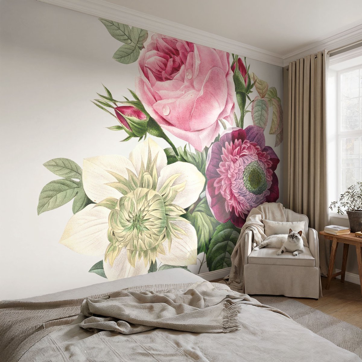Coloray Vliesbehang - Roze Snellijm Behang - 104x70 cm - Bloemenboeket Muurschildering - Slaapkamer behang Bloemen En Planten - Fotobehang Vlies - Slaapkamer behang
