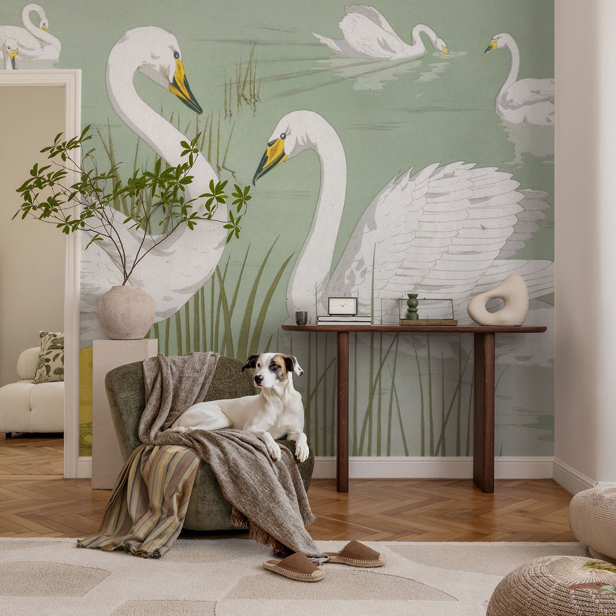 Coloray Vliesbehang - Wit Snellijm Behang - 104x70 cm - Zwanenmeer Muurschildering - Gang behang Dieren - Fotobehang Vlies - Slaapkamer behang