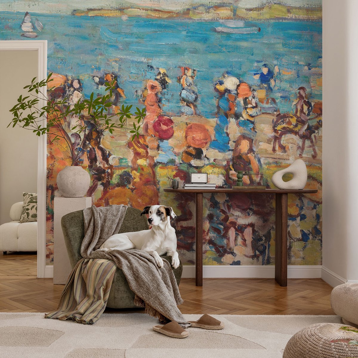 Coloray Vliesbehang - Blauw Snellijm Behang - 104x70 cm - Strandscène Muurschildering - Gang behang Mensen - Fotobehang Vlies - Slaapkamer behang